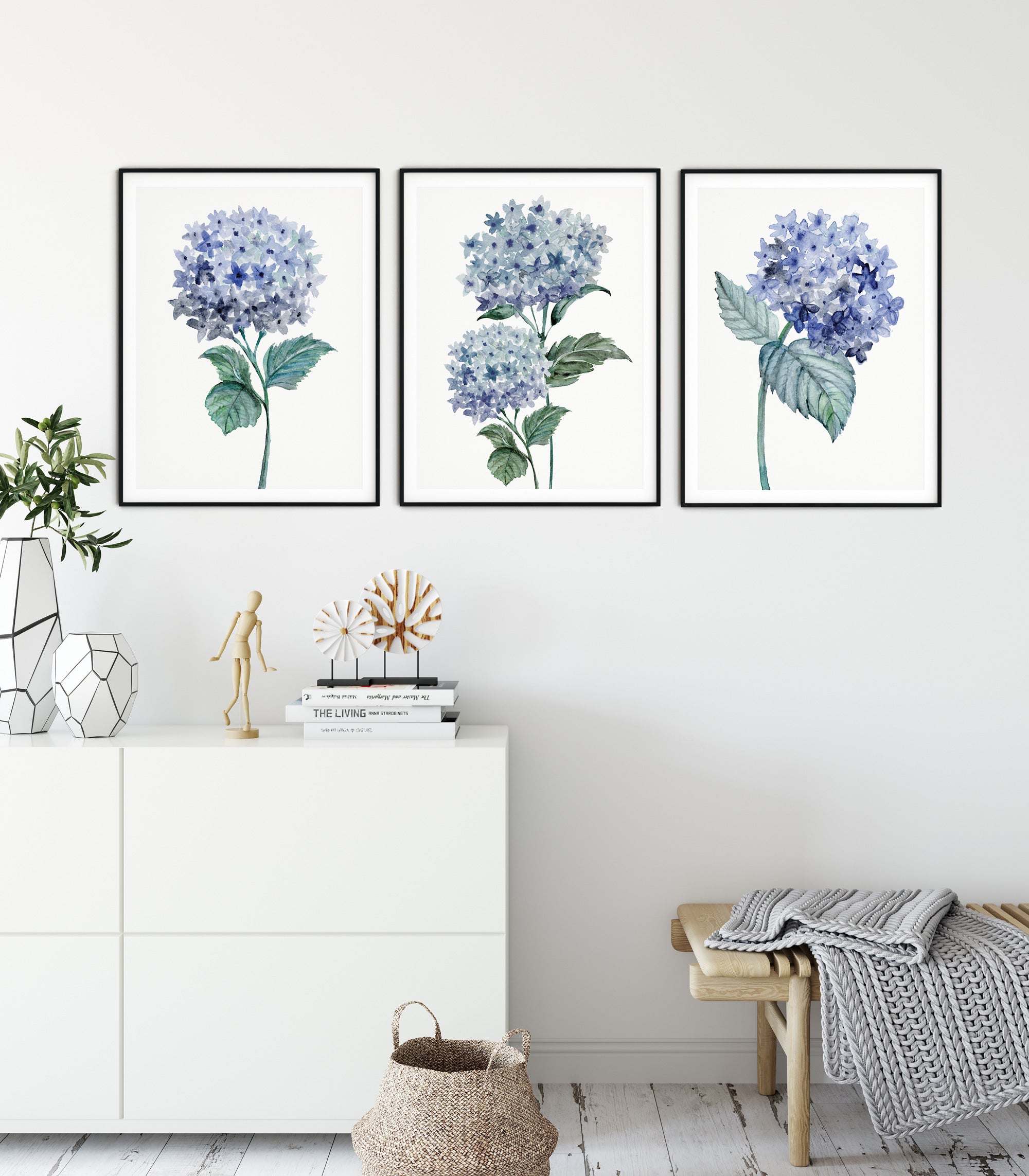 Lámina artística de hortensias en acuarela, Set de 3 láminas botánicas, decoración de pared para sala de estar Imagen secundaria del producto