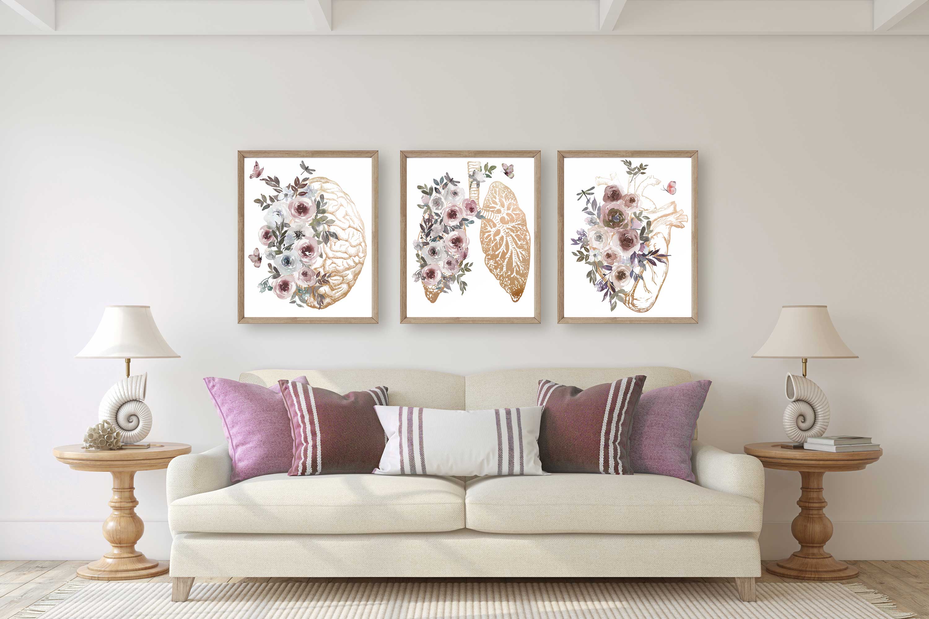 Ensemble de 3 affiches d'anatomie dorées, impressions médicales cerveau, poumons et cœur Image secondaire du produit