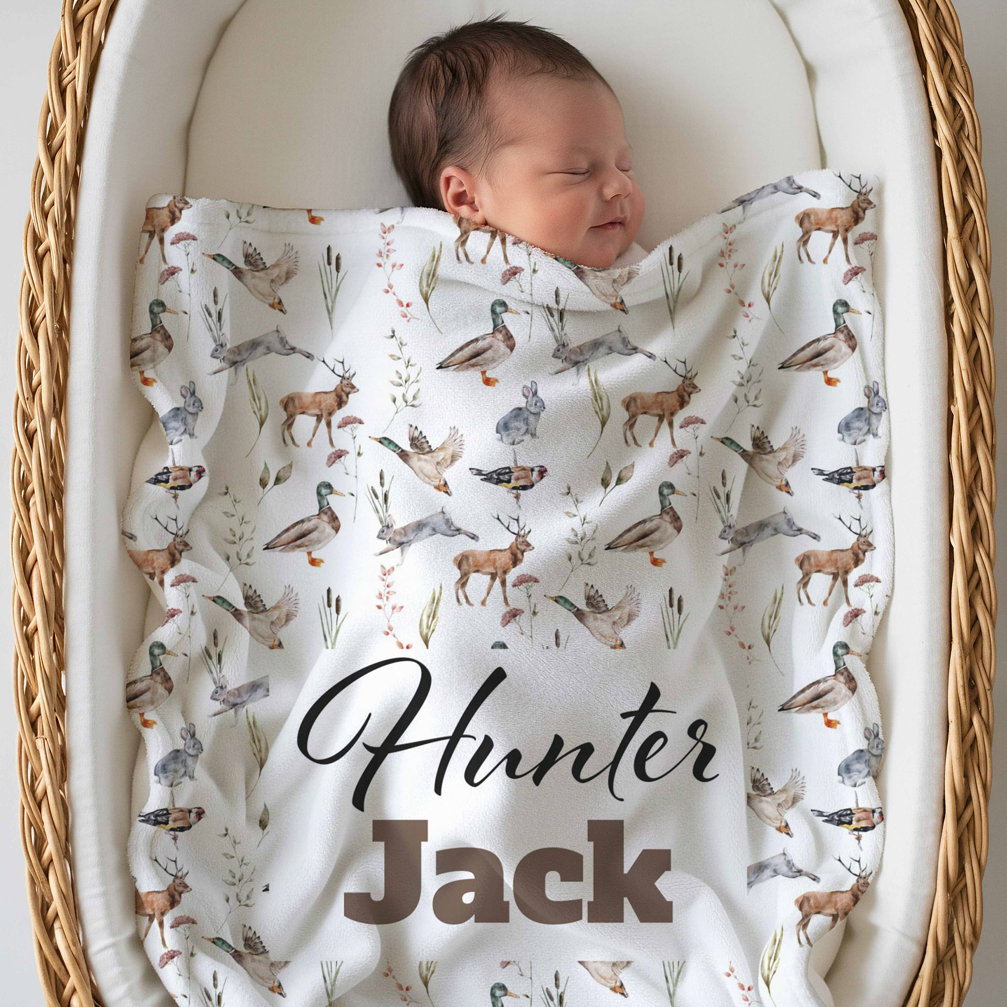 Manta de caza, manta para bebé niño, manta personalizada con nombre de cazador, temática de caza, niño pequeño, animal del bosque, rústico personalizado al aire libre Imagen secundaria del producto