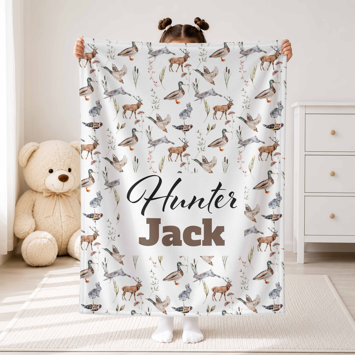 Hunting blanket in the 30 by 40 inch kids size with ducks and deer