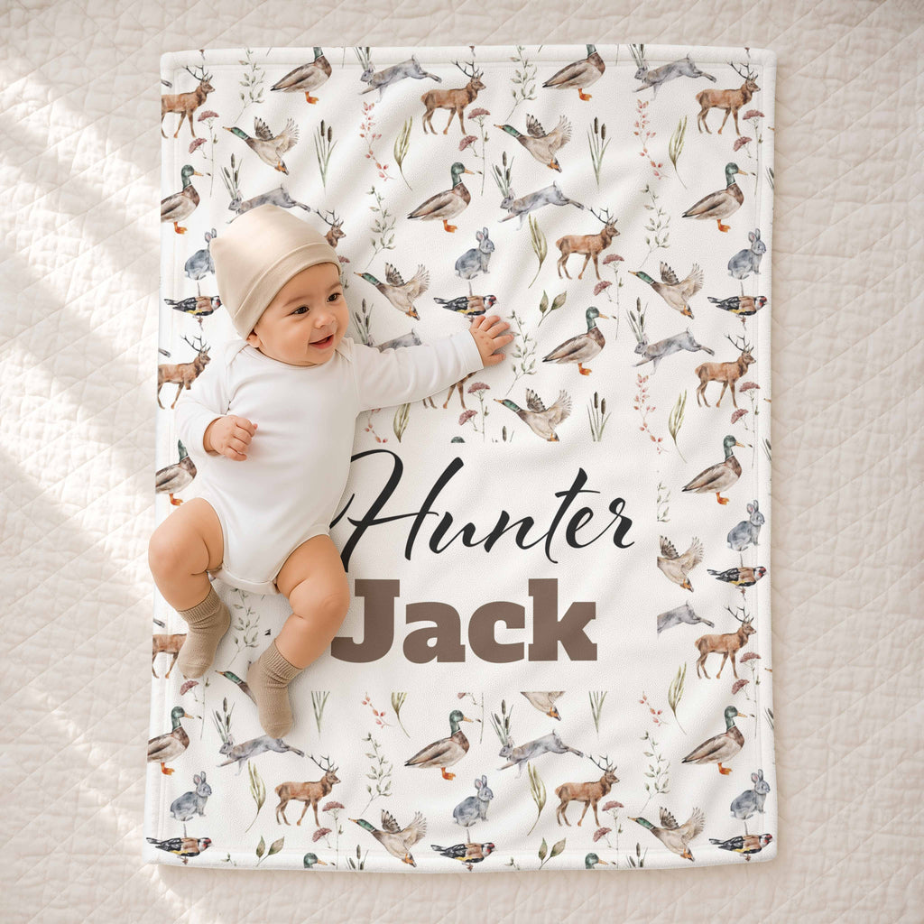 Ducks and deer hunting blanket, 30 by 40 inch size, personalised with a name