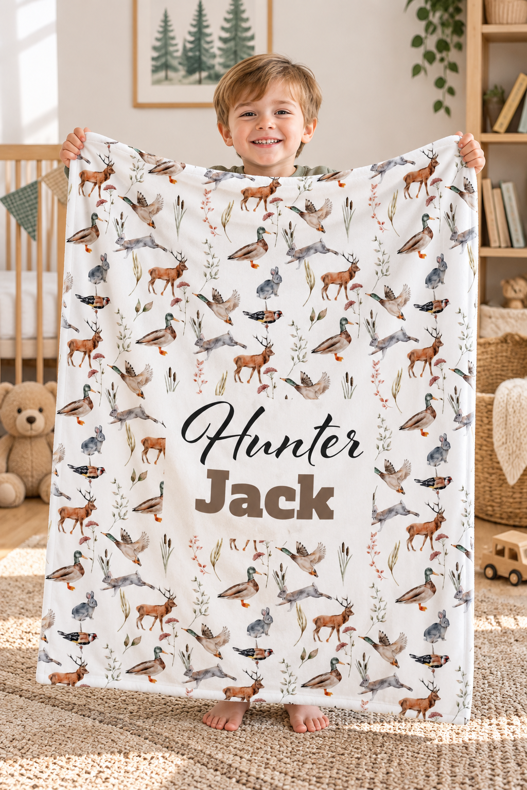 Personalised hunting blanket in the 50 by 60 inch size, ducks and deer with a name Imagen principal del producto