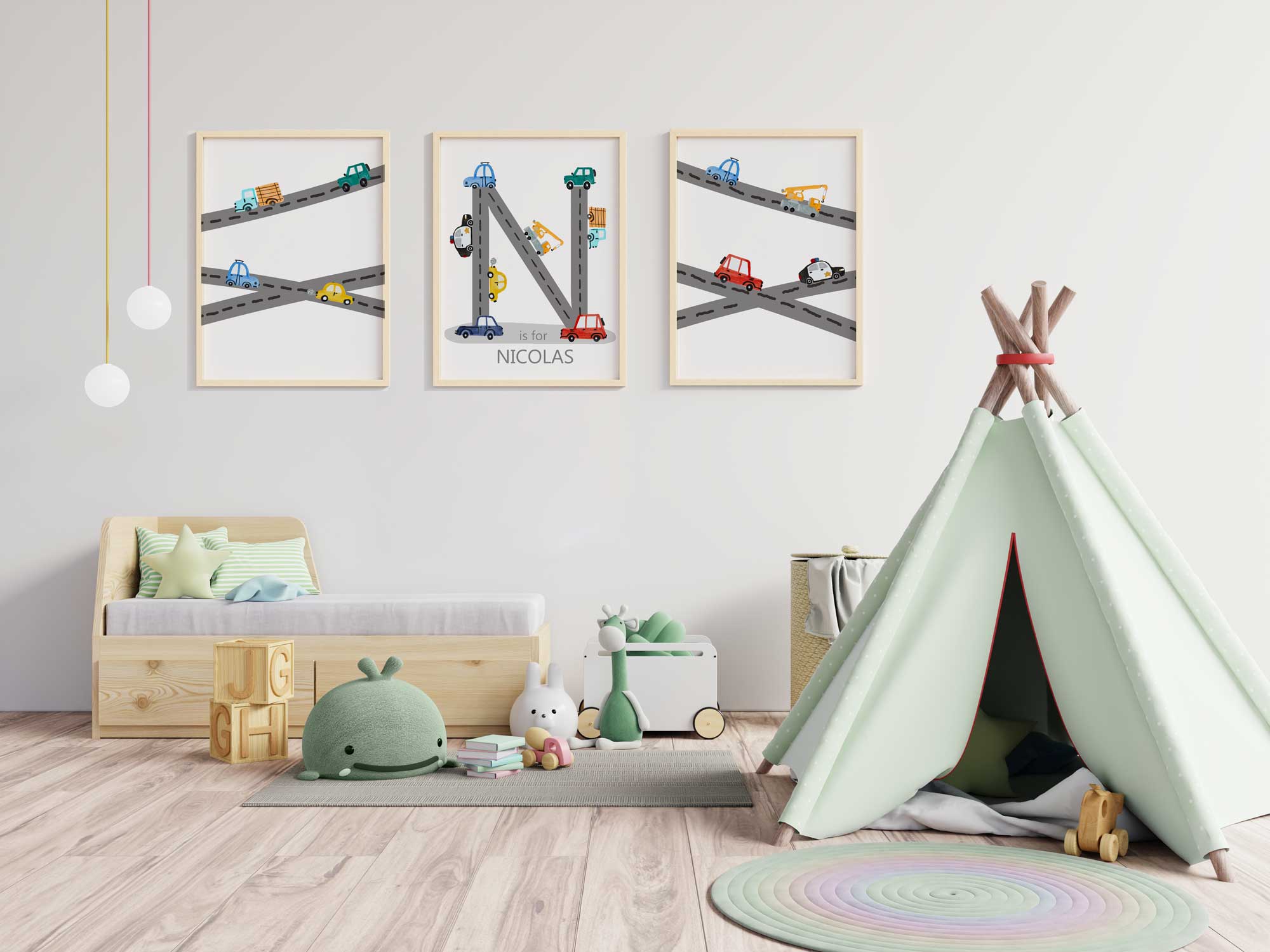 Tableaux pour chambre d'enfant véhicules de chantier, Décoration murale voiture pour chambre d'enfant, Décoration personnalisée véhicules pour chambre d'enfant, Tableau pour chambre de bébé garçon Image secondaire du produit