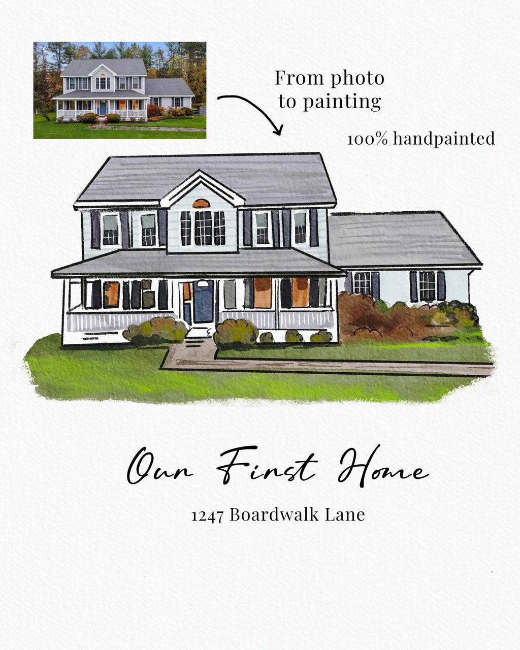 Watercolor house portrait from a photo, shown in a styled display