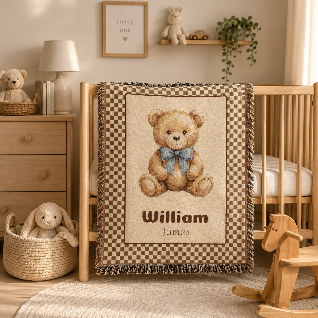 Manta de bebé con oso tejido personalizado, manta con oso personalizada, decoración de guardería, regalo para recién nacido, regalo de cumpleaños para niño pequeño, manta con nombre personalizado Imagen secundaria del producto