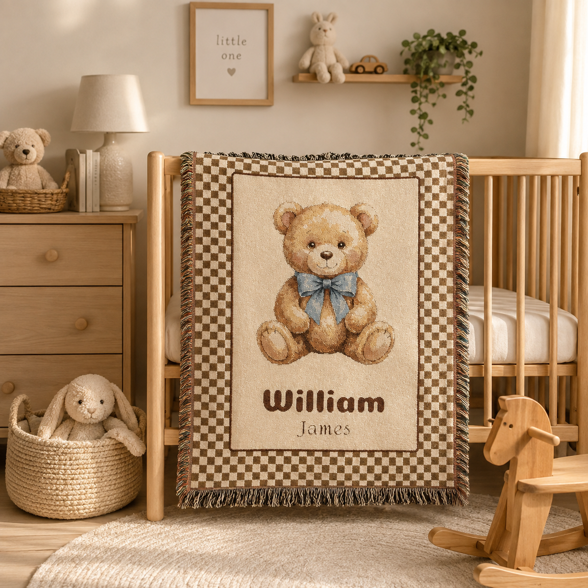 Woven teddy bear baby blanket personalised with a name