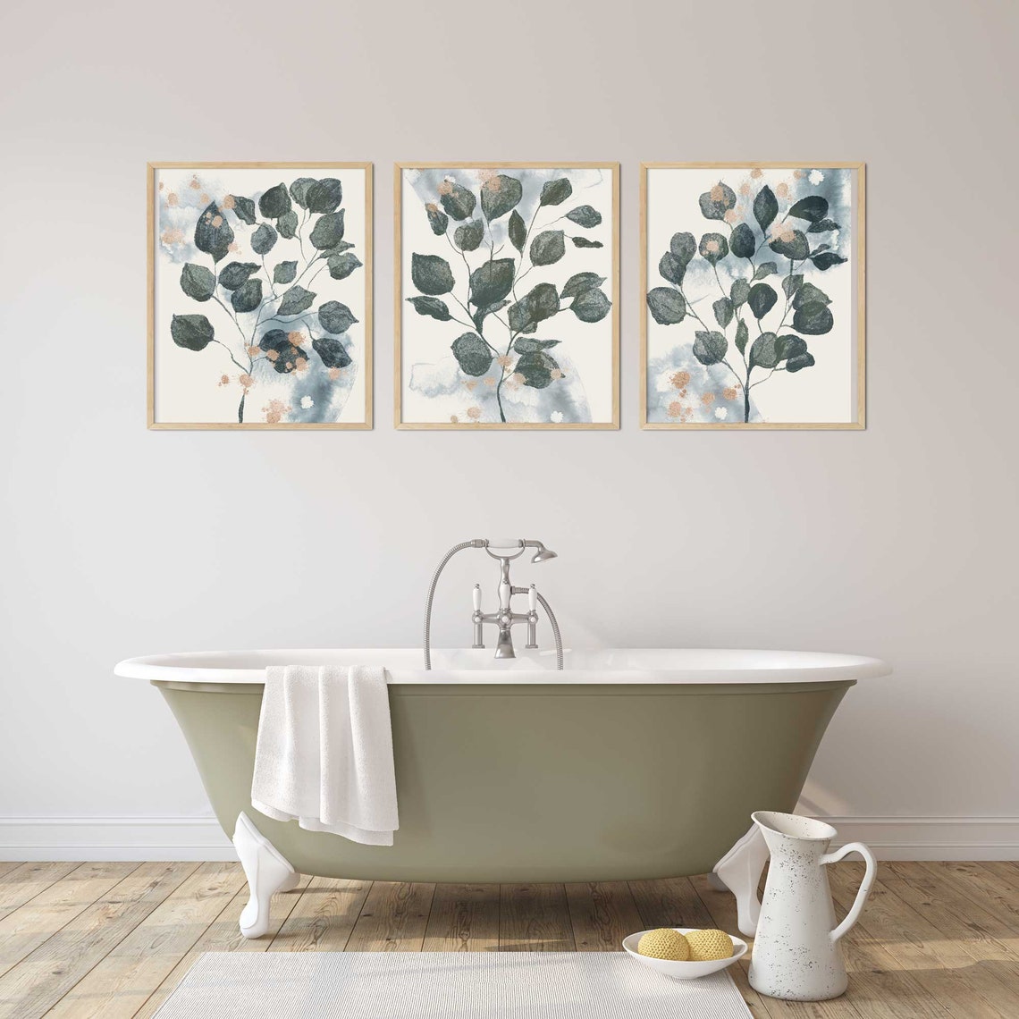 Arte de pared de 3 piezas, Impresión de eucalipto, Set de 3 impresiones botánicas, Arte de pared verde, Impresiones de baño, Decoración de sala de estar con vegetación Imagen secundaria del producto
