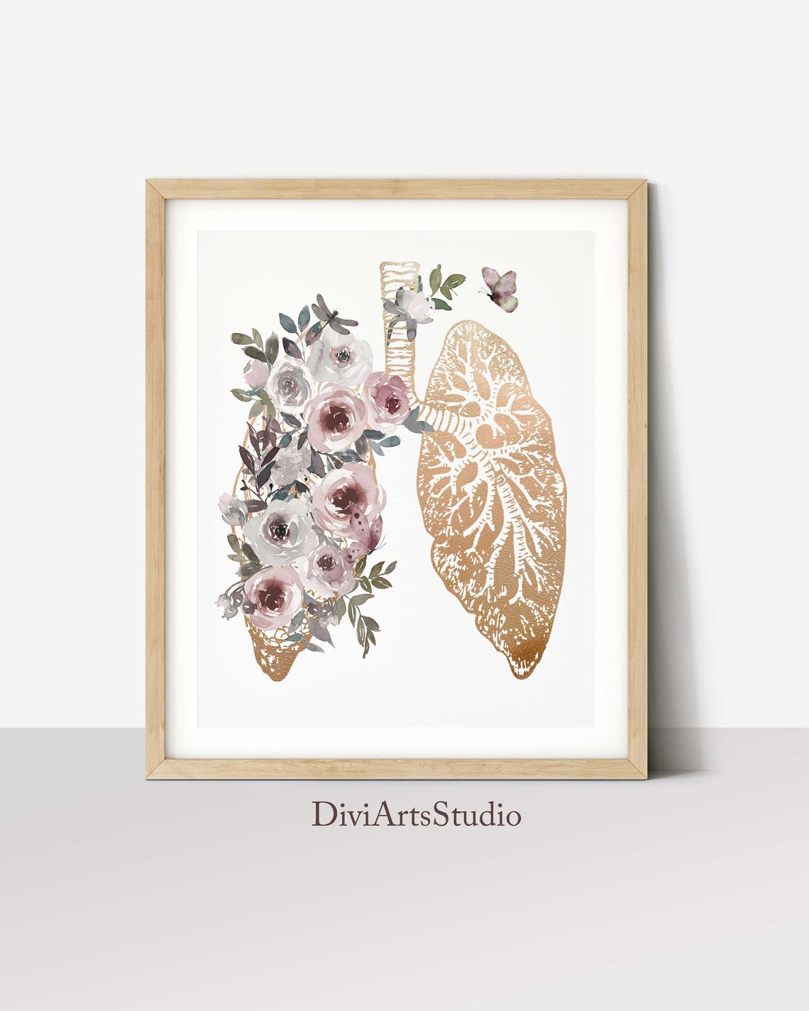 Impresión artística de pulmones, Póster de anatomía dorado, Arte de pared médico, Decoración para consultorio médico, Regalo de graduación para estudiante de medicina, Pulmones de acuarela con flores Imagen secundaria del producto