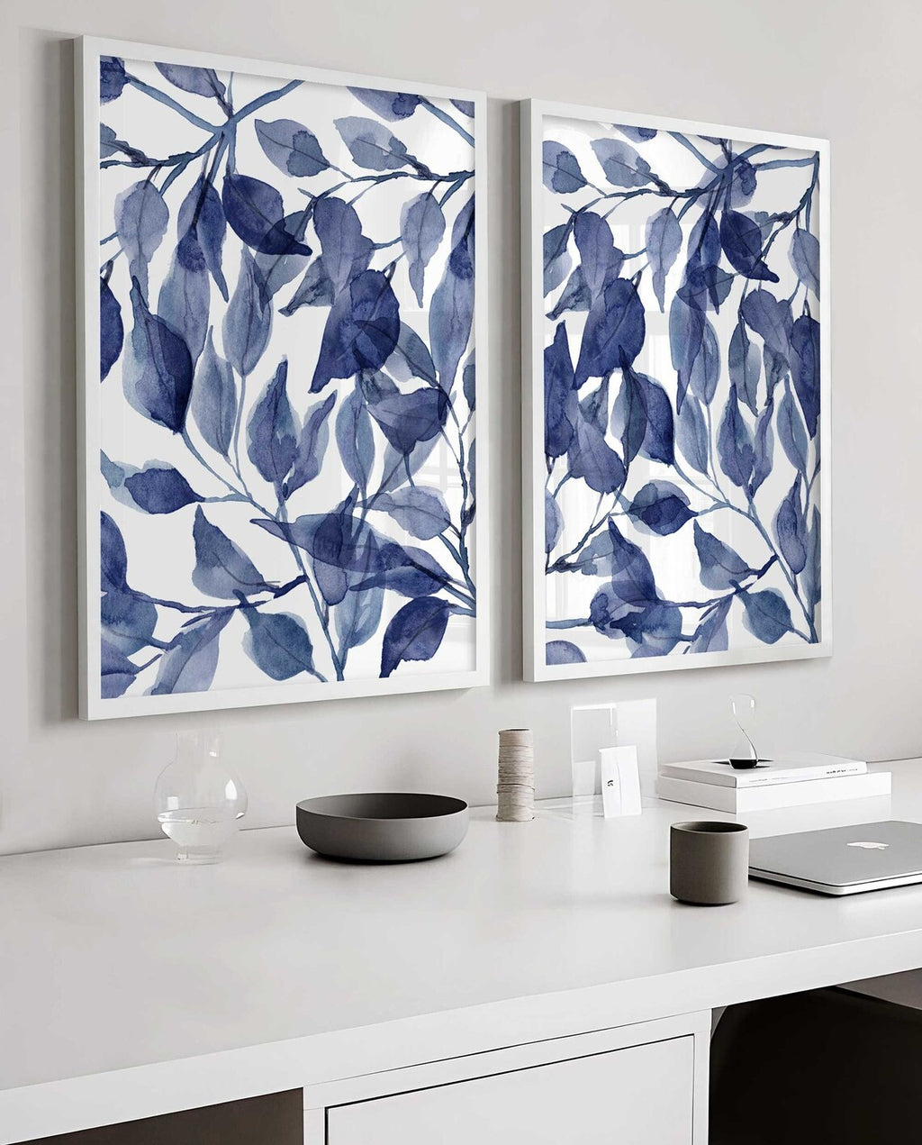 Blue Wall Art, Leaves Eucalyptus Poster, Navy Tropical Wall Art, Botanical Bathroom Prints, Hallway Wall Art, Set of 2 prints, Leaf poster