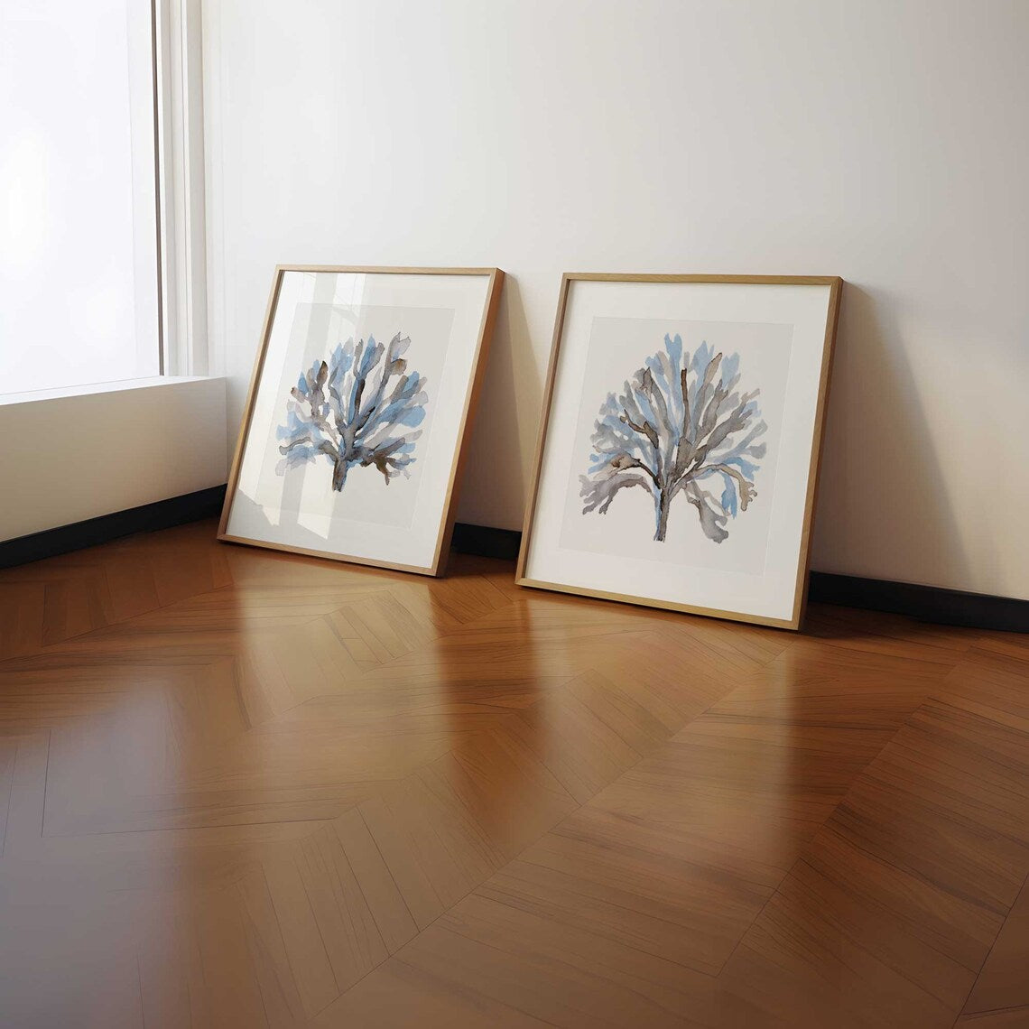 Algues bleues, Art minimaliste à l'aquarelle, Décoration murale côtière, Art pour maison de plage, Lot de 2 impressions corail, Plantes aquatiques, Hamptons modernes Image secondaire du produit