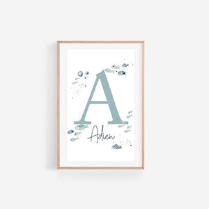 Sea life initial A with fish and bubbles, the name Aiden below