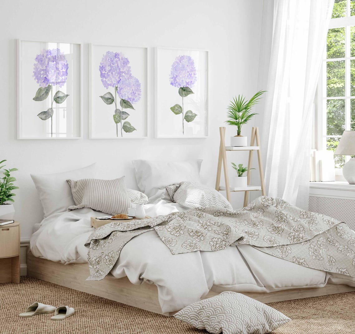 Lot d'impressions hortensia violet, Lot de 3 fleurs botaniques violettes, Peinture d'hortensia à l'aquarelle, Art mural hortensia, Décoration de chambre d'enfant violette Image secondaire du produit