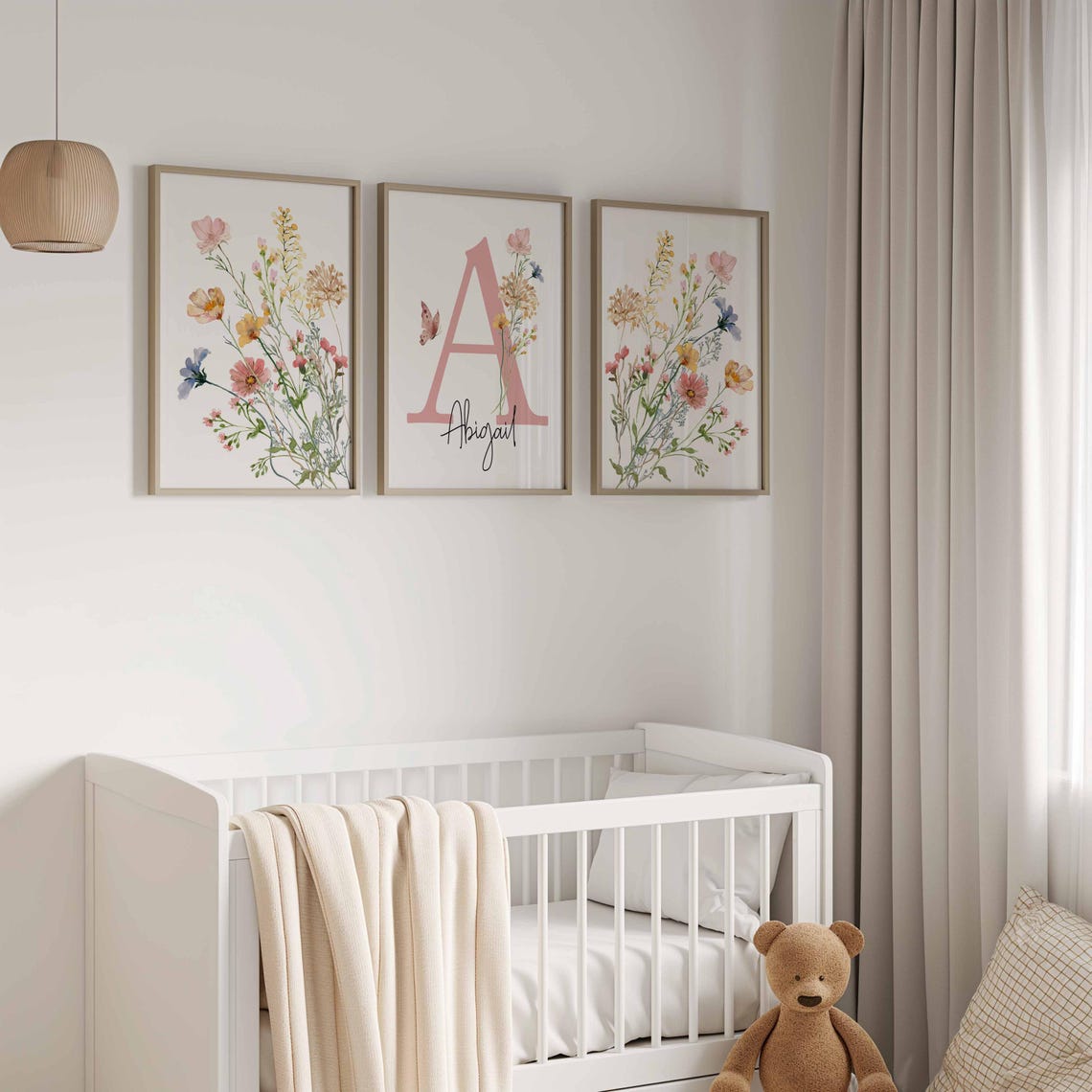 Décoration murale de chambre d'enfant Fleurs sauvages roses, Prénom personnalisé pour chambre d'enfant, Décoration de chambre de fille bohème, Prénom personnalisé pour chambre de bébé, Décoration murale florale pour chambre d'enfant Image secondaire du produit