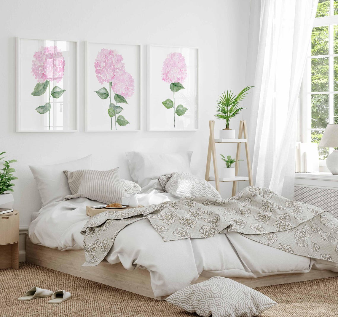 Ensemble d'impressions hortensias roses, Ensemble de 3 fleurs botaniques roses, Peinture aquarelle hortensia, Décoration murale hortensia, Décoration murale hortensia rose Image secondaire du produit