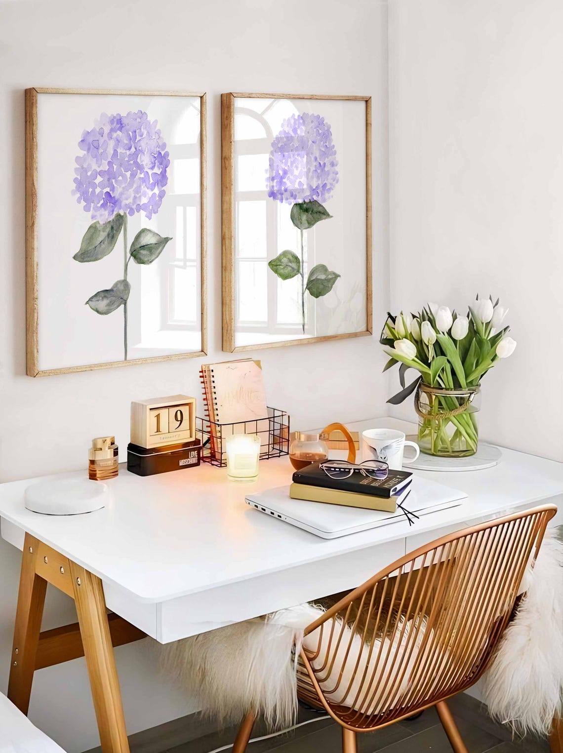 Décoration murale Fleur violette, Aquarelle d'hortensia, Lot de deux impressions, Peinture d'hortensia violet, Impressions florales botaniques, Lot de 2 fleurs Image secondaire du produit