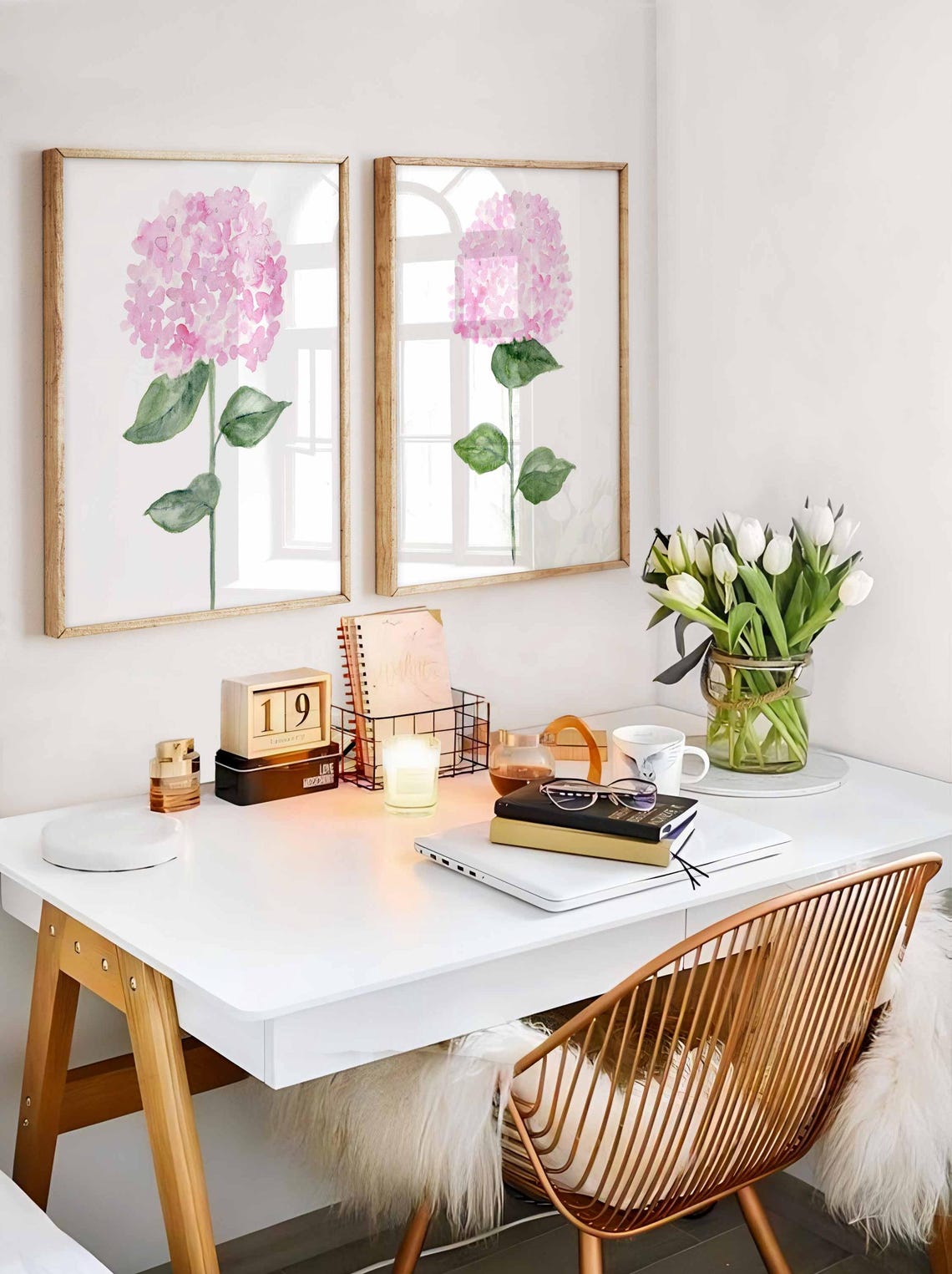 Hortensia rose aquarelle, lot de deux imprimés, peinture d'hortensia rose tendre, impressions florales botaniques, lot de 2 fleurs, décoration murale de fleurs roses Image secondaire du produit