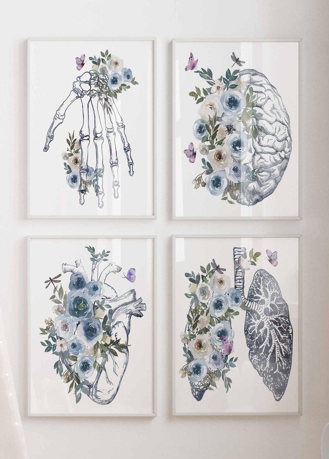 Décoration murale cabinet médical, Cadeaux de remise de diplôme docteur, Cerveau cœur poumons main, Ensemble d'affiches d'anatomie florale, Impression anatomique florale Image secondaire du produit