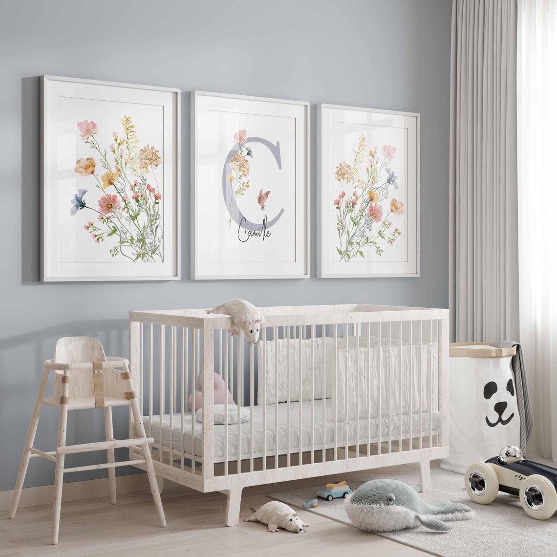 Art mural pour chambre de bébé « Fleurs sauvages bleues », Prénom personnalisé pour chambre de bébé, Décoration de chambre de bébé bohème, Prénom personnalisé pour chambre de bébé, Art mural floral pour chambre de bébé Image secondaire du produit