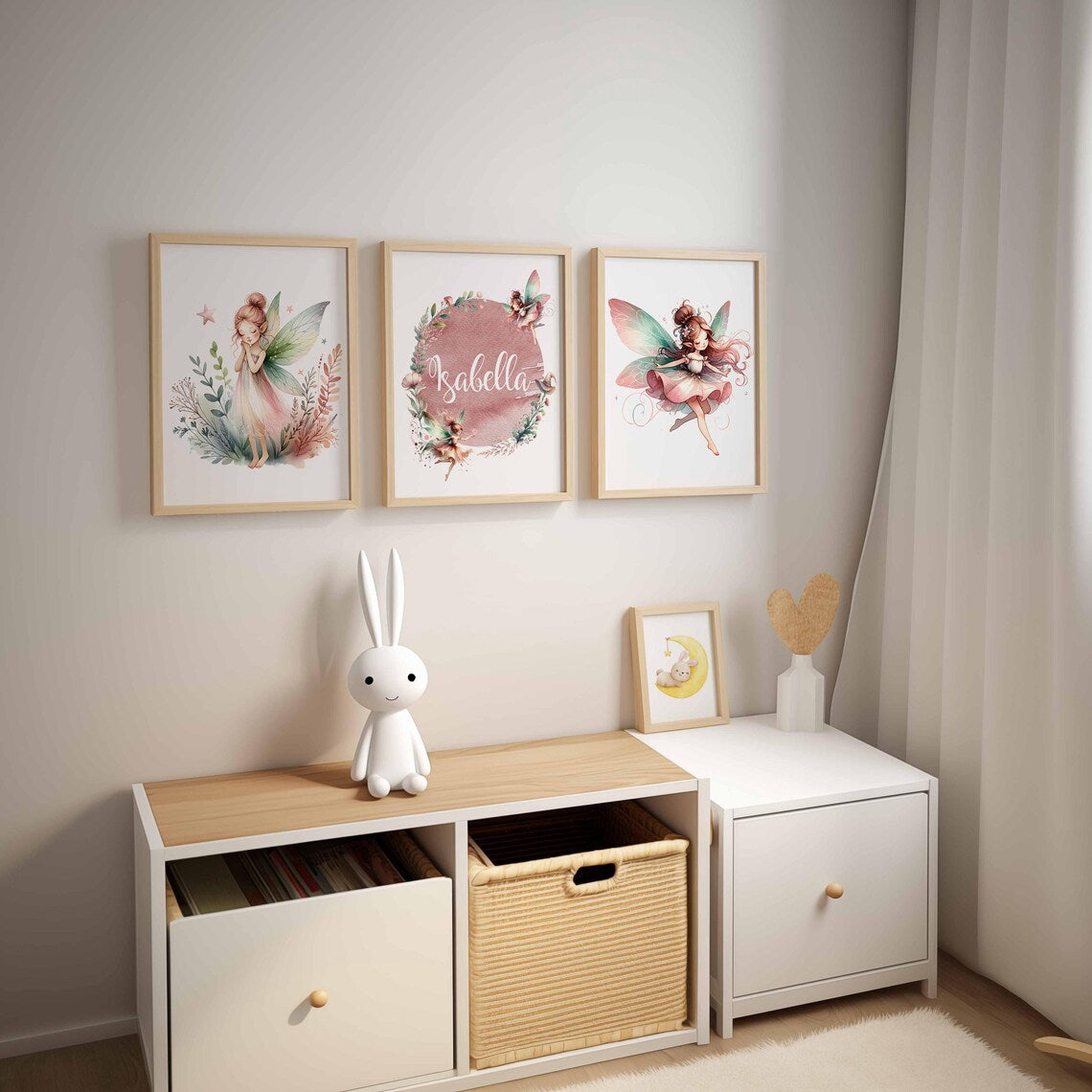 Décoration de chambre de bébé fée, Chambre de bébé personnalisée avec prénom de fille, Chambre de bébé jardin féerique, Impressions chambre de bébé rose et verte, Art mural fée pastel, lot de 3 impressions Image secondaire du produit