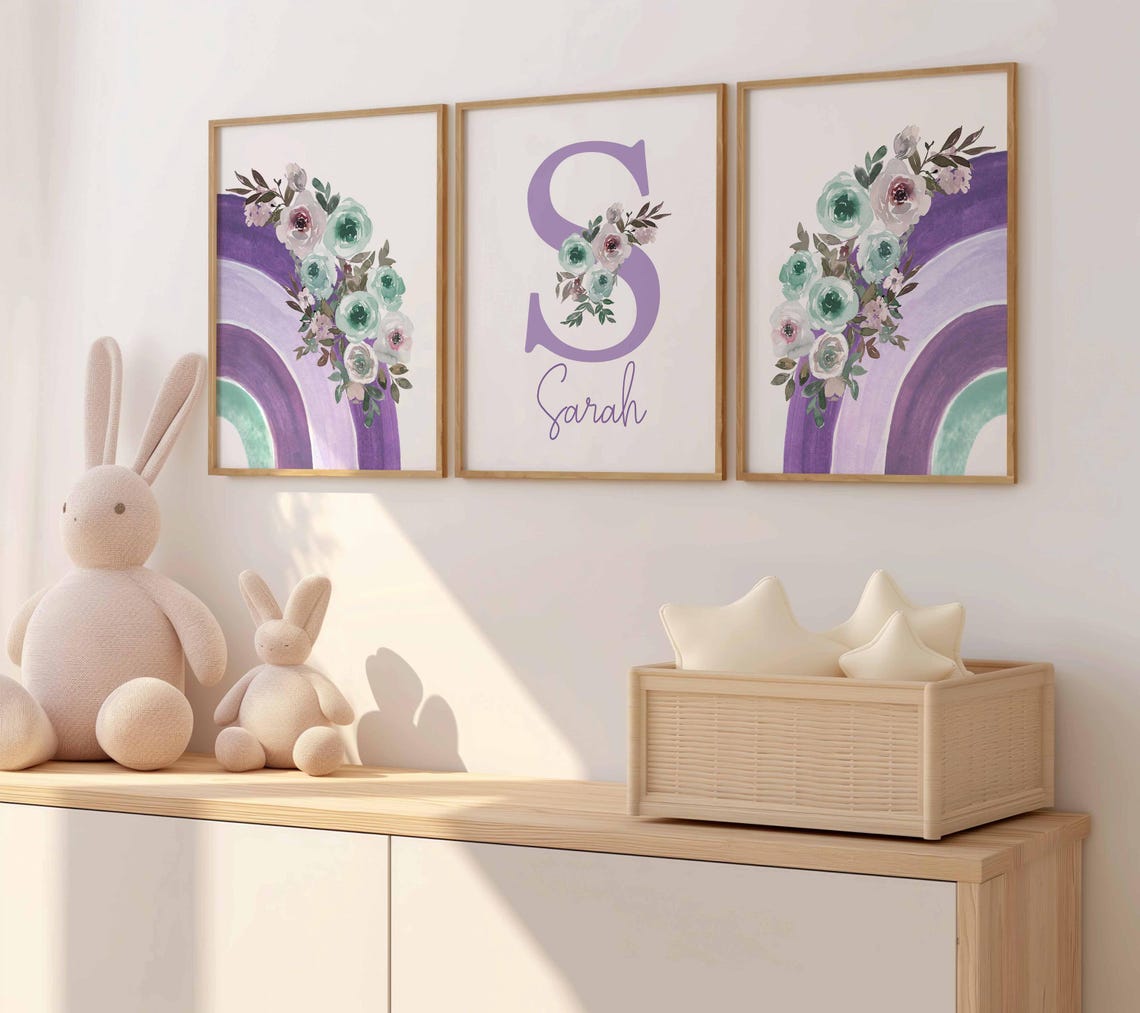 Chambre de bébé florale violette, impressions de chambre de bébé arc-en-ciel, art mural de chambre de bébé lavande, impression personnalisée du nom de bébé, chambre de bébé lilas personnalisée Image secondaire du produit