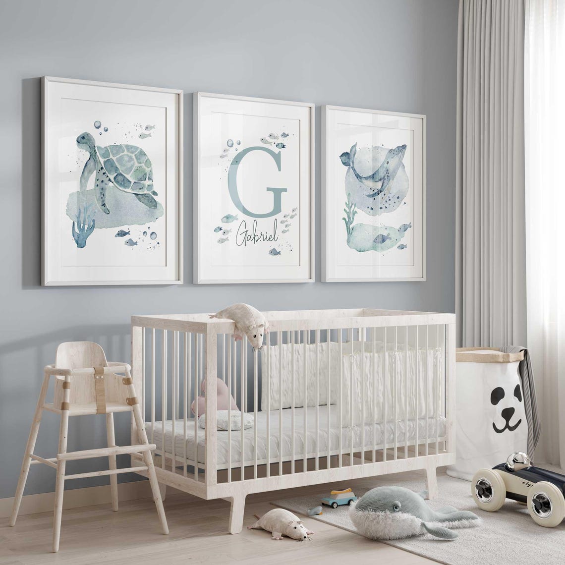 Affiches murales chambre bébé thème marin, décoration murale garçon thème mer, tableau animaux marins personnalisé prénom, baleine tortue poisson chambre enfant prénom personnalisé Image secondaire du produit