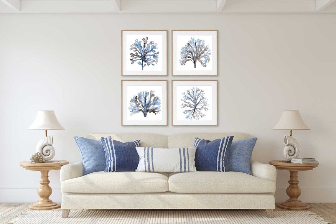 Art Mural Carré Algues, Corail Bleu Côtier, Set de 4 Impressions Murales, Peinture Aquarelle Minimaliste Marine Maison de Plage Printemps Été Image secondaire du produit