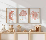 Sun Moon Cloud Nursery Print, Set of 3 Boho Art, Neutral Baby room Decor, Pastel Stars heart watercolor Blush girl kids illustration