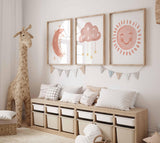 Sun Moon Cloud Nursery Print, Set of 3 Boho Art, Neutral Baby room Decor, Pastel Stars heart watercolor Blush girl kids illustration