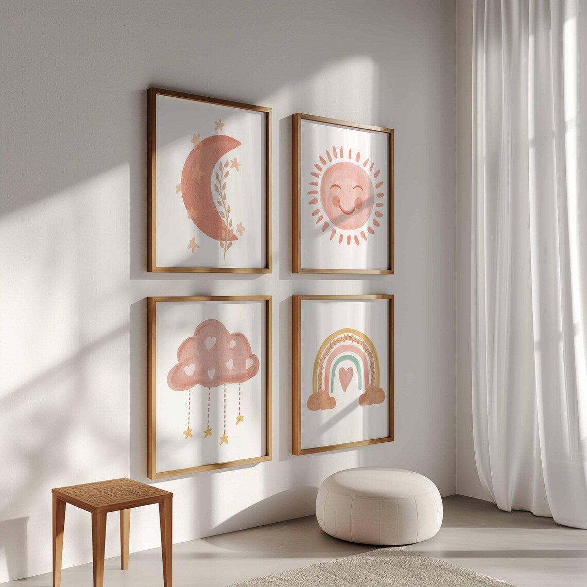 Lot de 4 affiches pour chambre d'enfant, soleil, lune, arc-en-ciel, nuages, décoration de chambre de bébé, art mural mignon pour enfant, cadeaux de nouveau-né, affiche bohème pastel neutre pour fille Image secondaire du produit
