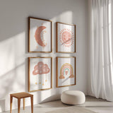 Set of 4 Nursery Prints, Sun Moon Rainbow Clouds Baby Room Decor, Cute Kid's Wall Art, Newborn Gifts, Pastel Neutral Girl Boho Poster