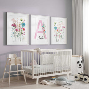 Pastel pink wildflower set of 3 with a letter A above a white crib