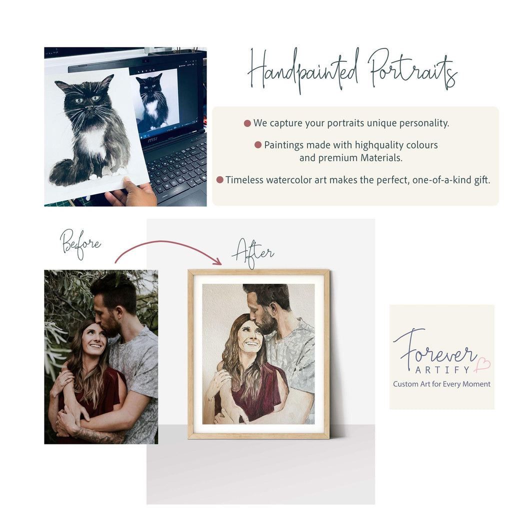 Hand-painted portrait examples: a black and white cat painted from a photo and a before and after couple portrait