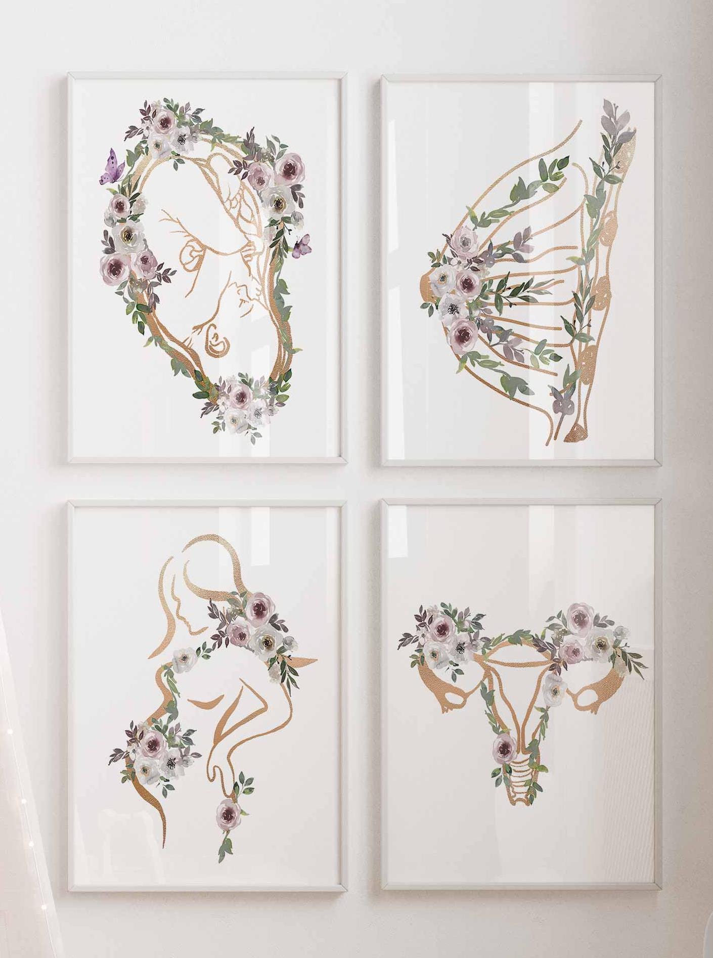 Arte de pared para ginecología, obra de arte para parteras, póster de ginecología, impresión floral dorada, regalo para doula, anatomía del embarazo, decoración de pared para consultorio médico Imagen secundaria del producto