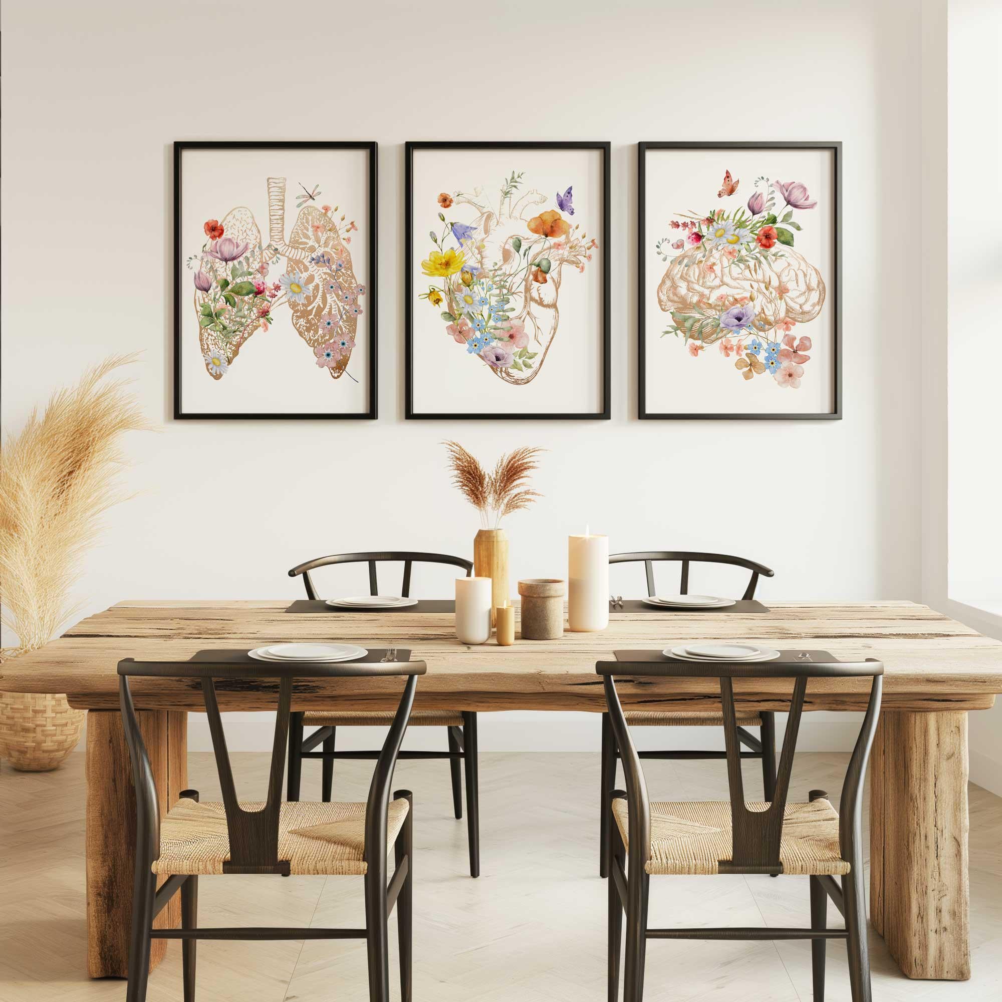 Arte anatómico, arte dorado para consultorio médico, decoración de pared anatómica, póster floral de corazón humano, láminas de cerebro, corazón y pulmones anatómicos, regalo para estudiante Imagen secundaria del producto