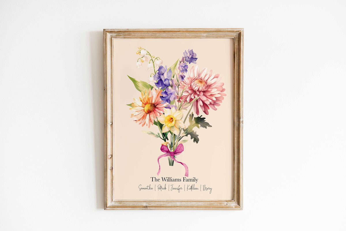 Birth flower family print: watercolour bouquet tied with a pink ribbon, with The Williams Family and names below