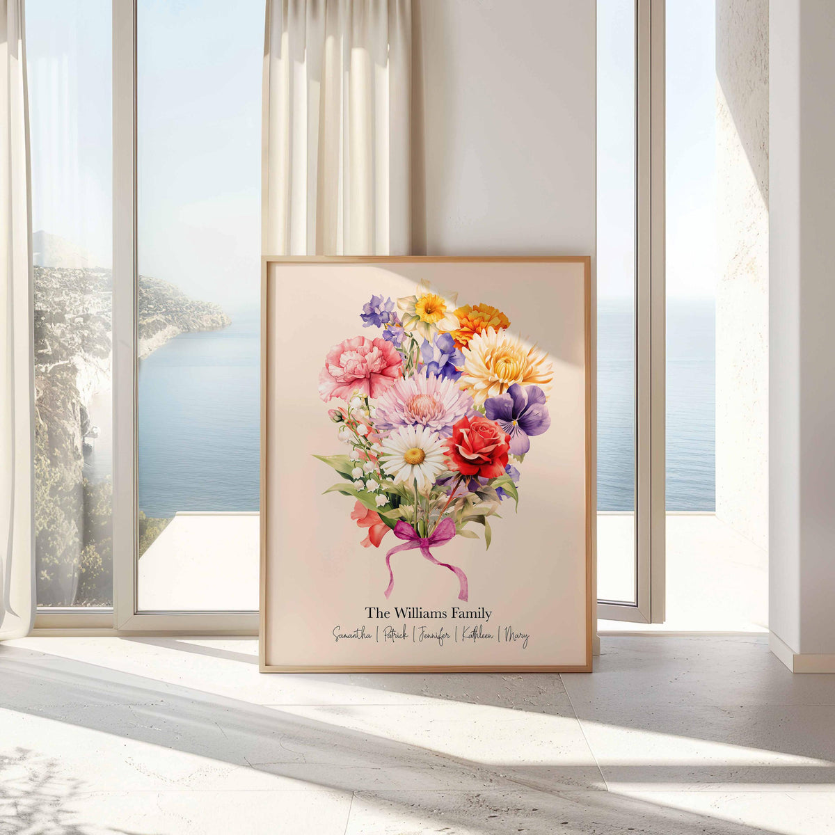 Birth month flower bouquet print on a peach background, leaning by a sunlit window with a sea view Image principale du produit