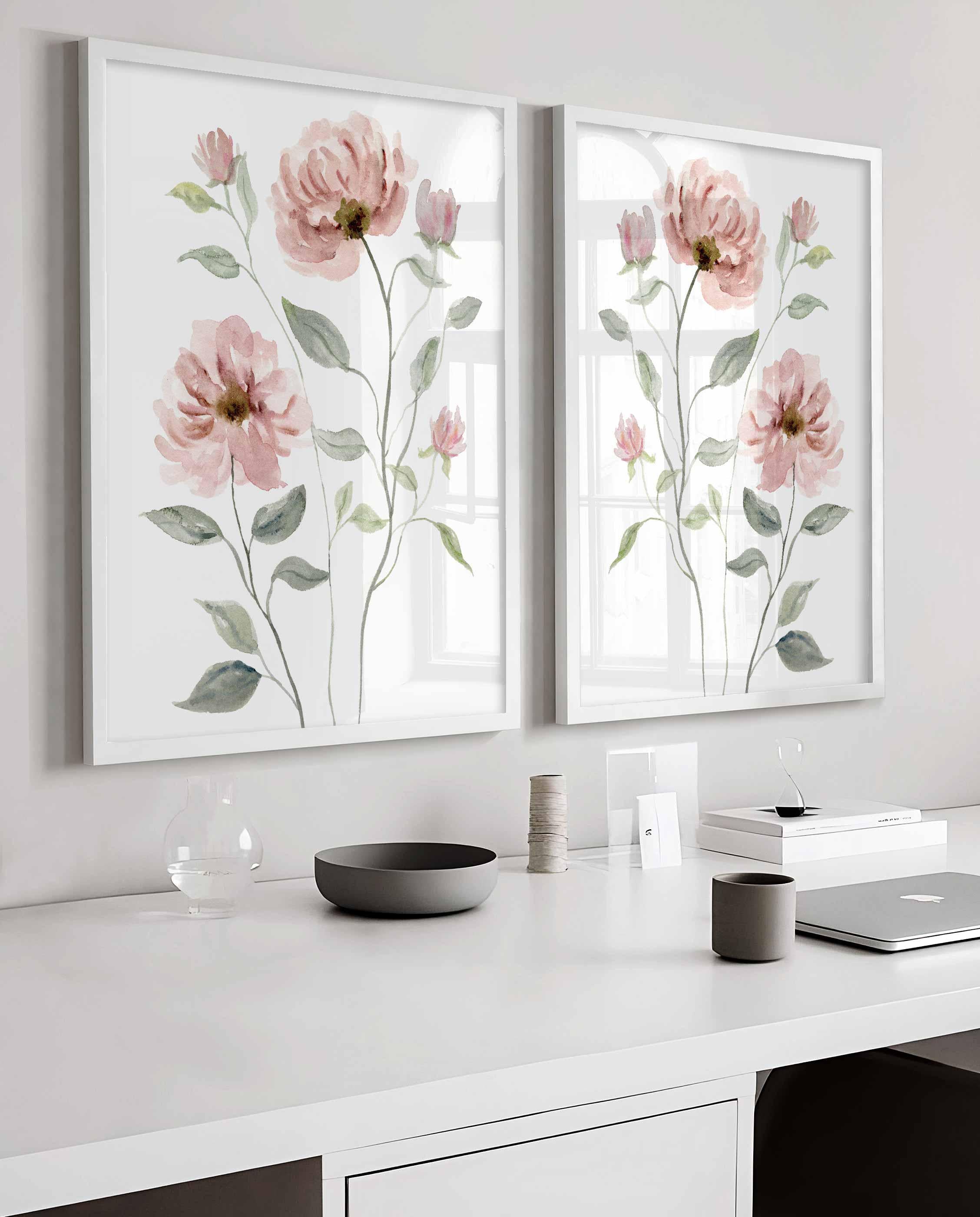 Arte de pared de flores color rubor, impresiones florales de acuarela suave, juego de 2 peonías, flores para sala de estar, decoración de pared para dormitorio, guardería para niña en beige Imagen secundaria del producto