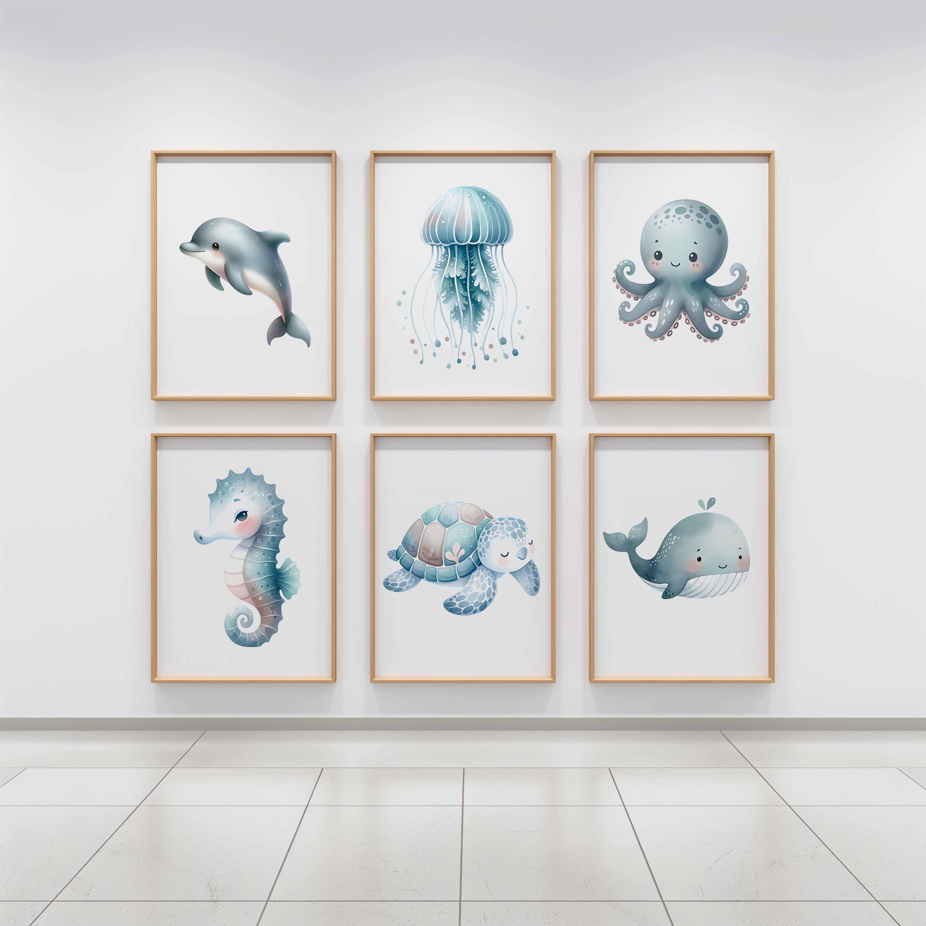 Pépinière de bébés animaux marins, impressions sur le thème de l'océan, ensemble de 6 décorations murales, affiches méduse baleine dauphin, décoration de chambre d'enfant garçon style aquarelle marine Image secondaire du produit