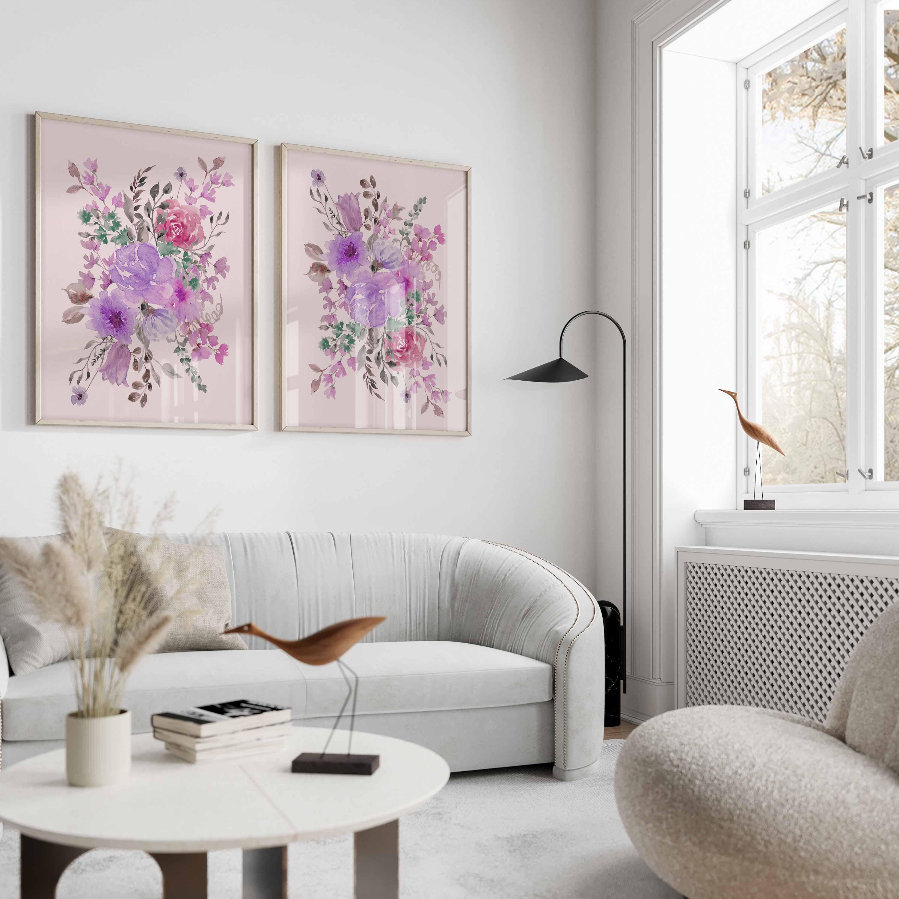 Cuadro floral morado, Arte de pared de flores abstractas grandes, Impresión de ramo de flores rosas, Guardería lila, Decoración de sala de estar color rubor, Juego de 2 láminas Imagen secundaria del producto