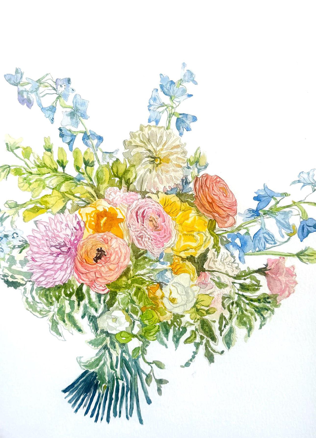 Custom wedding bouquet painting in watercolour: peach ranunculus, yellow roses, pink dahlia and blue delphinium Imagen principal del producto