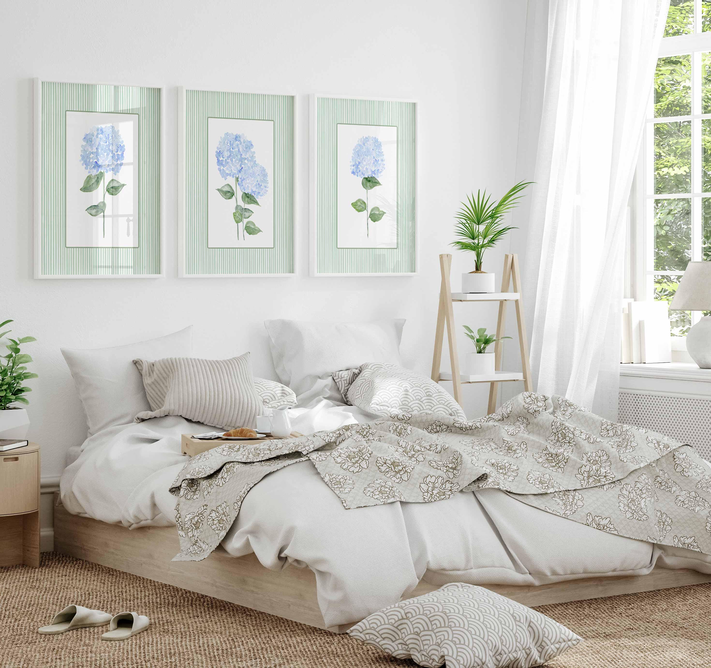 Impression d'hortensia vert, ensemble de 3 hortensias bleus, décoration côtière à rayures, art mural pour chambre d'enfant style « Grandmillennial », peinture florale à l'aquarelle Image secondaire du produit