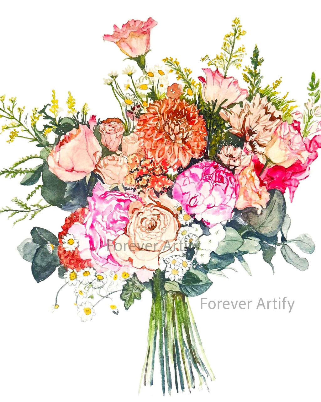 Watercolour bridal bouquet painting with pink peonies, orange dahlia, peach roses and chamomile