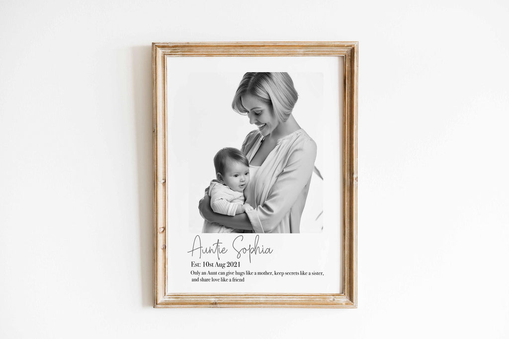 Black and white aunt and baby photo print with the name Auntie Sophia, in a rustic wooden frame on a wall