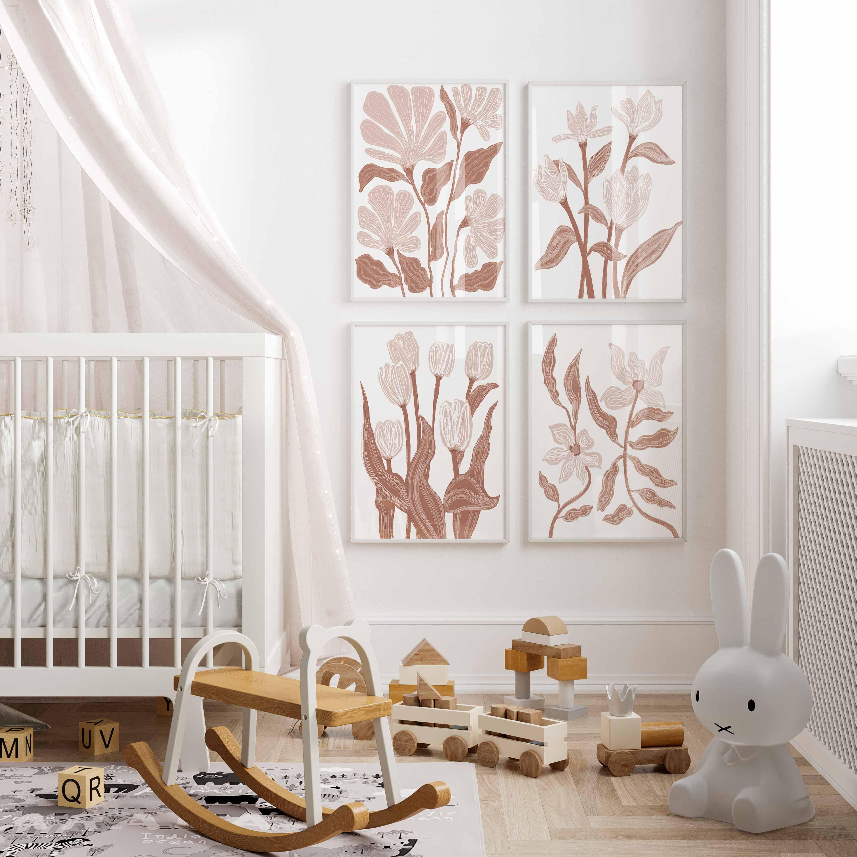 Set de 4 láminas de arte mural con flores marrones, diseño floral abstracto neutro, estilo boho y cottagecore, arte de pared en tonos tierra, decoración estética para granja. Imagen secundaria del producto