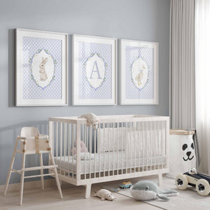 Blue gingham bunny, initial A and goose set above a white crib