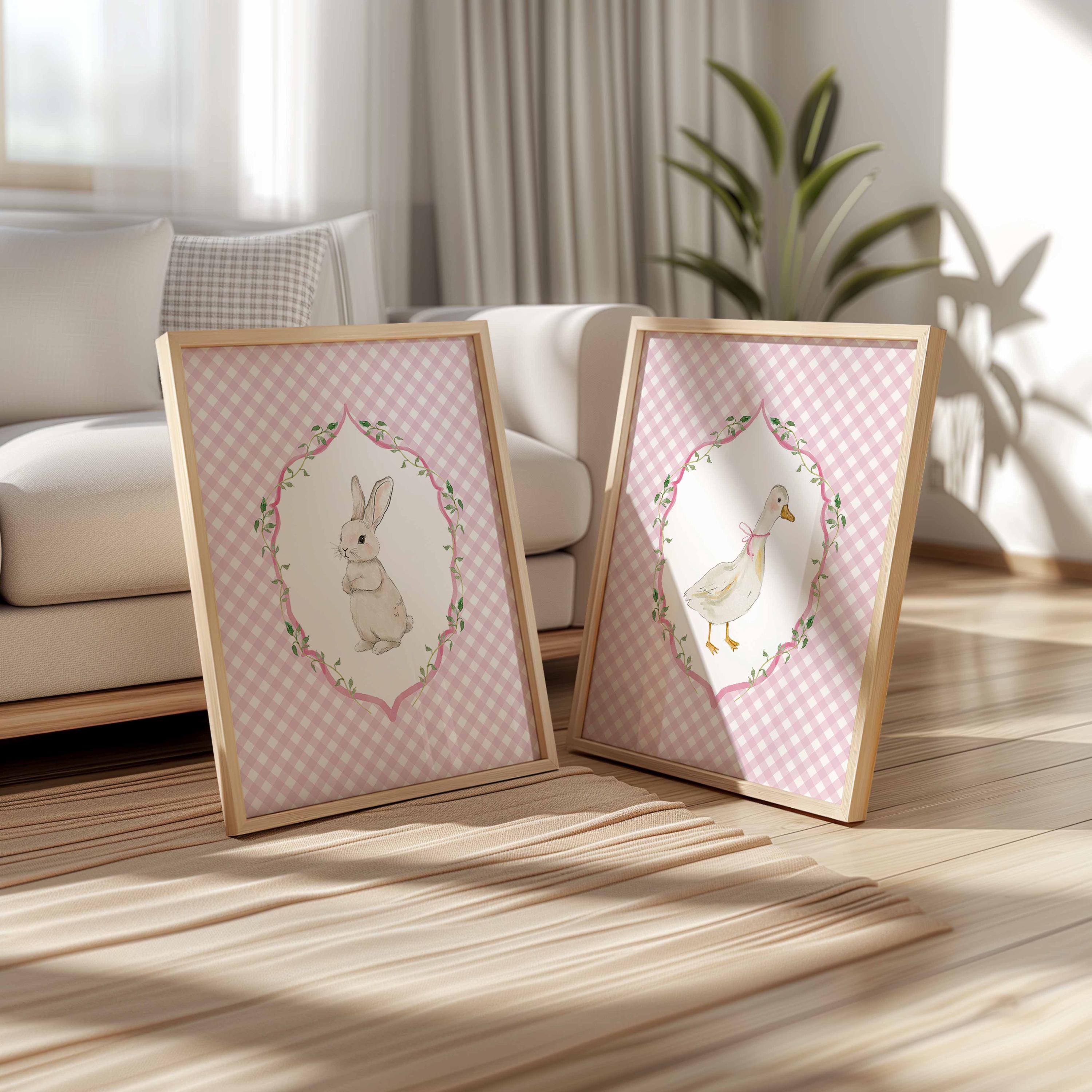 Silly Goose et Lapin, Ensemble de 2 décorations murales pour chambre de bébé, décoration de chambre d'enfant style ferme rose, affiche d'animaux de la ferme, lapin vintage style grand millennial Image secondaire du produit