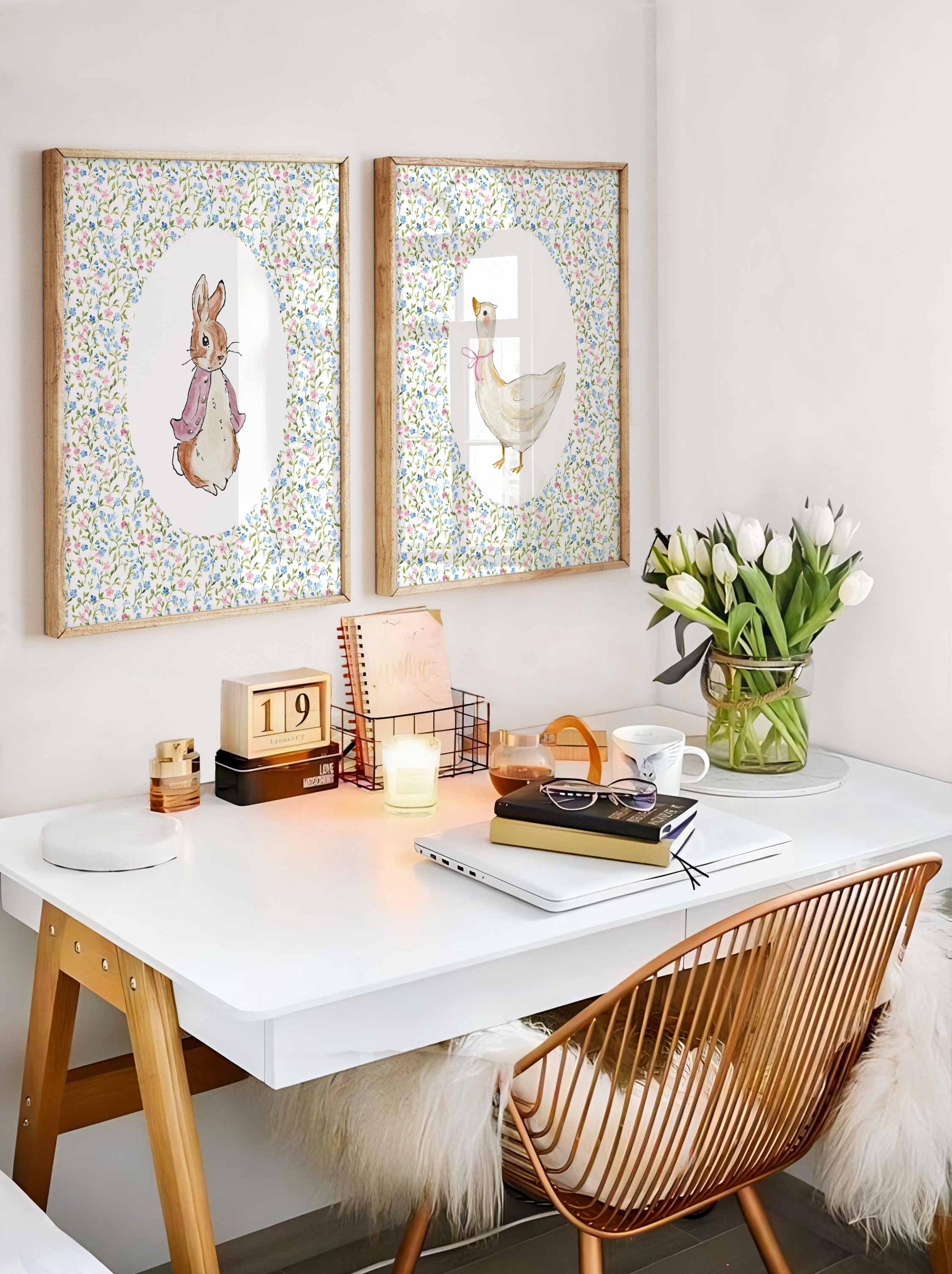 Ensemble de 2 décorations murales pour chambre de bébé, oie et lapin mignons, décoration de chambre d'enfant style ferme, impression d'animaux de la ferme, fleurs roses, lapin vintage style grand-millennial Image secondaire du produit