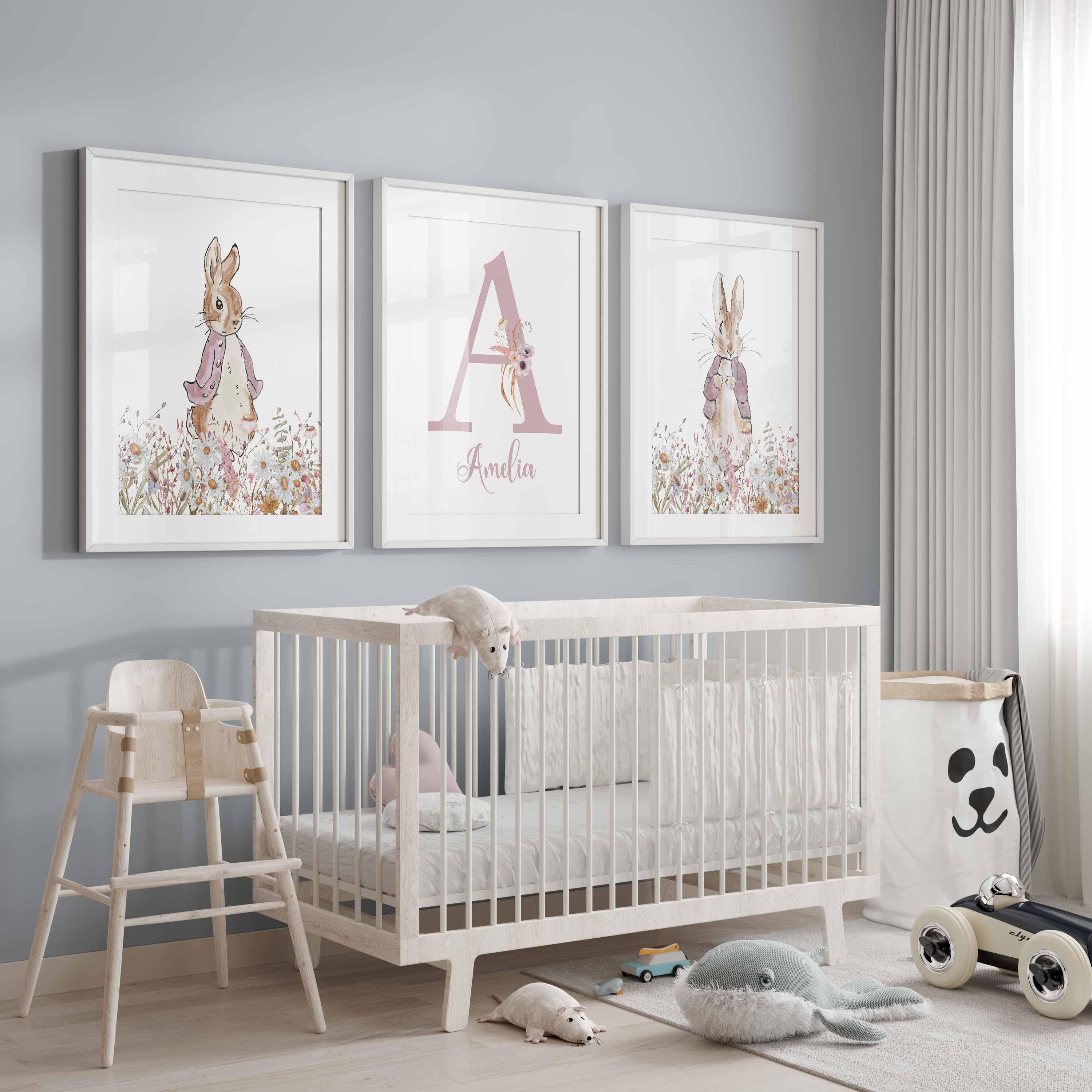 Chambre de bébé style cottagecore, décoration pour chambre de fille lapin rose, ensemble d'art mural vintage pour chambre de bébé, impressions de ferme florales Image secondaire du produit