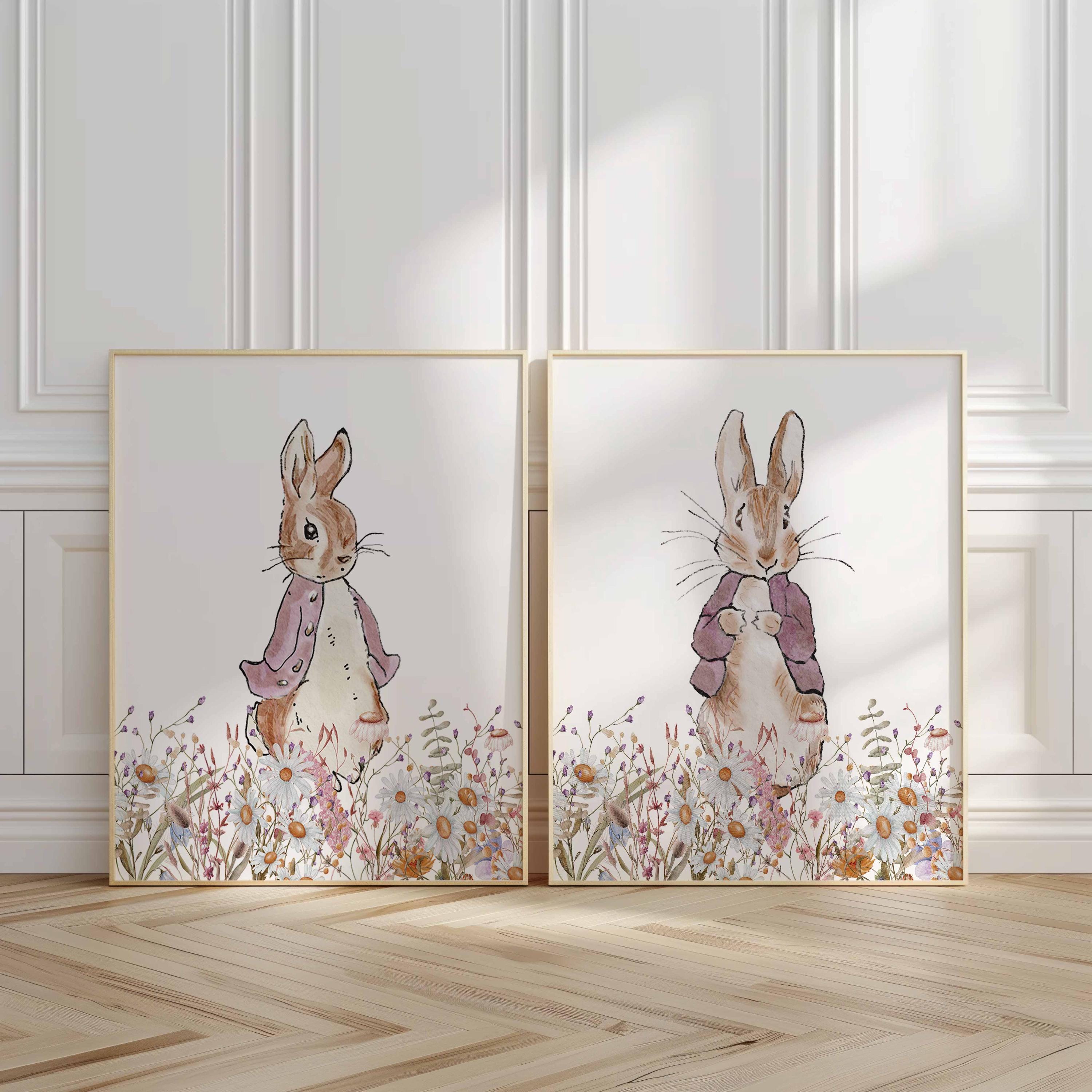 Arte de pared para guardería de Peter Rabbit, Beatrix Potter, decoración de habitación infantil estilo granja en rosa, estampado de animales de granja, conejo vintage, estilo grandmillennial Imagen secundaria del producto