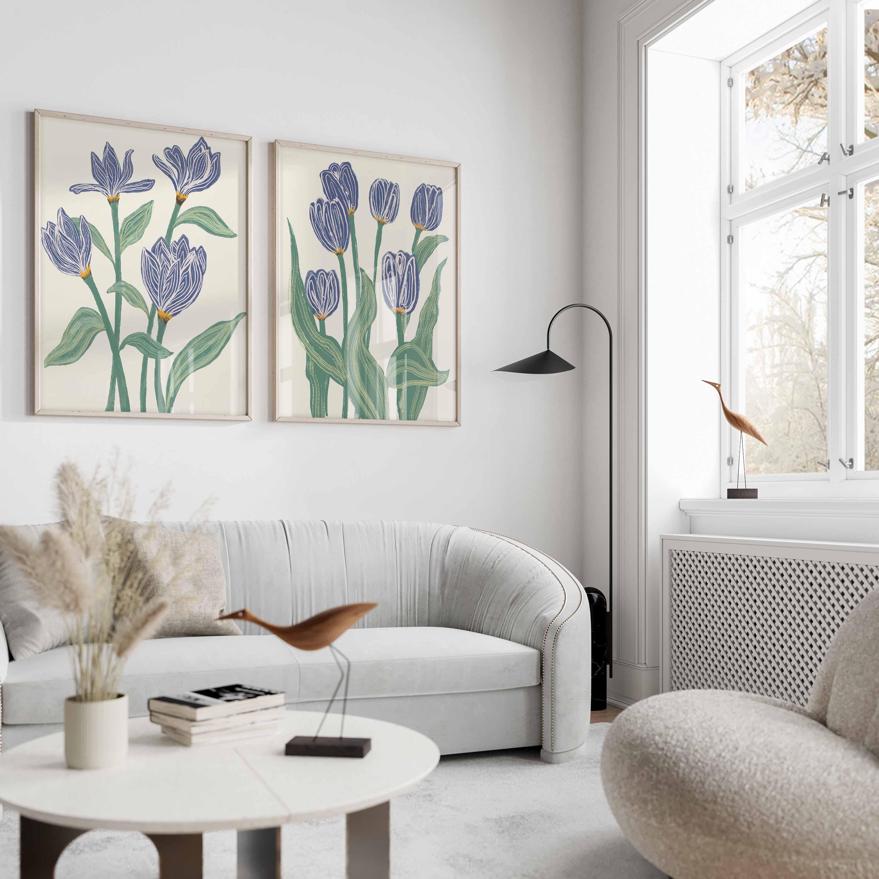 Arte de pared floral azul, decoración de flores botánicas, floral azul marino, verde y beige, juego de 2 láminas, póster para sala de estar, pared de dormitorio, impresión para baño Imagen secundaria del producto